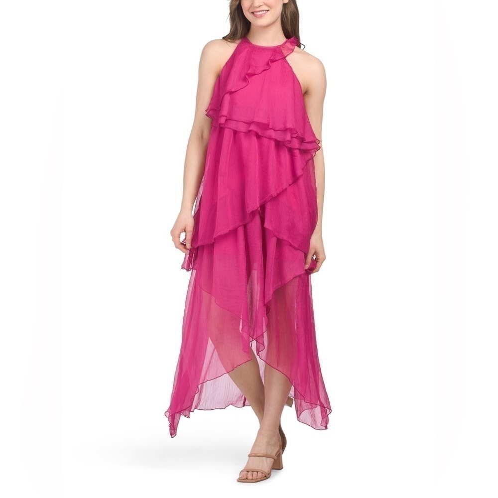 Women’s Sleeveless Asymmetrical Tiered Pink Midi Dress Size Medium - Picture 5 of 7